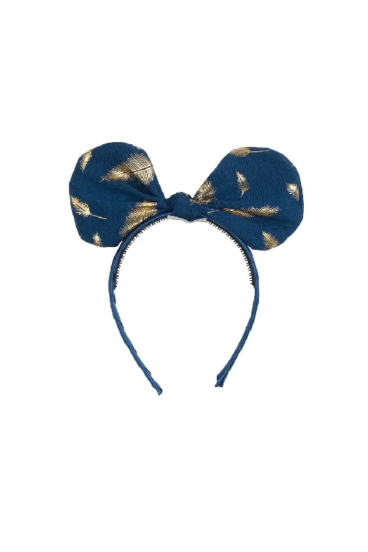 luxurious gold hairpins for bridal looks -Bunnie Bow Headband - Navy/Gold Feather Print