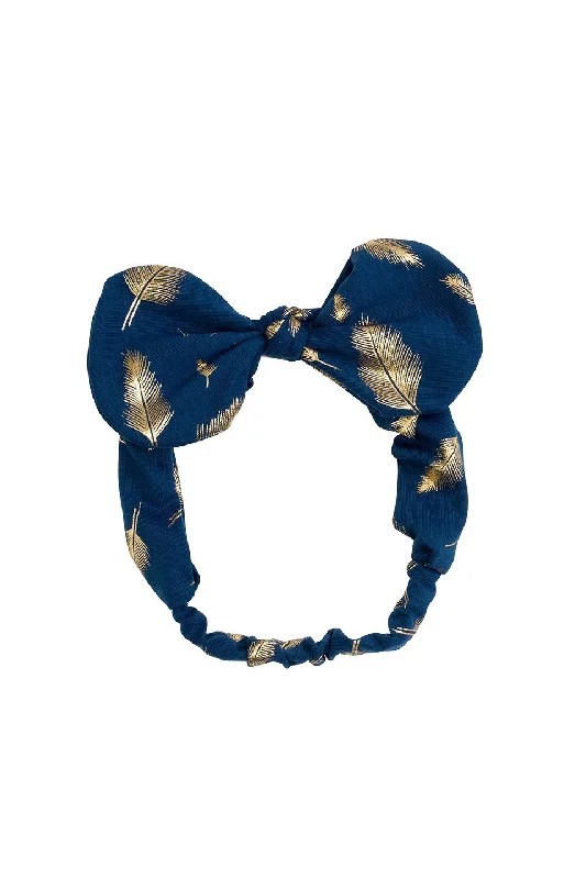 casual hairbands for everyday wear -Bunnie Bow Wrap - Navy/Gold Feather Print