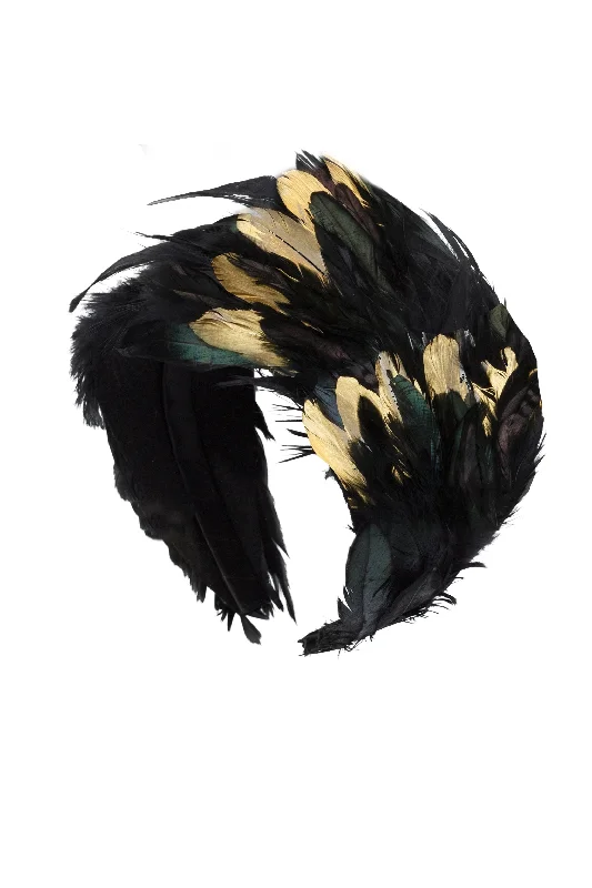 retro hair accessories for vintage looks -Feather Headband - Black/Gold