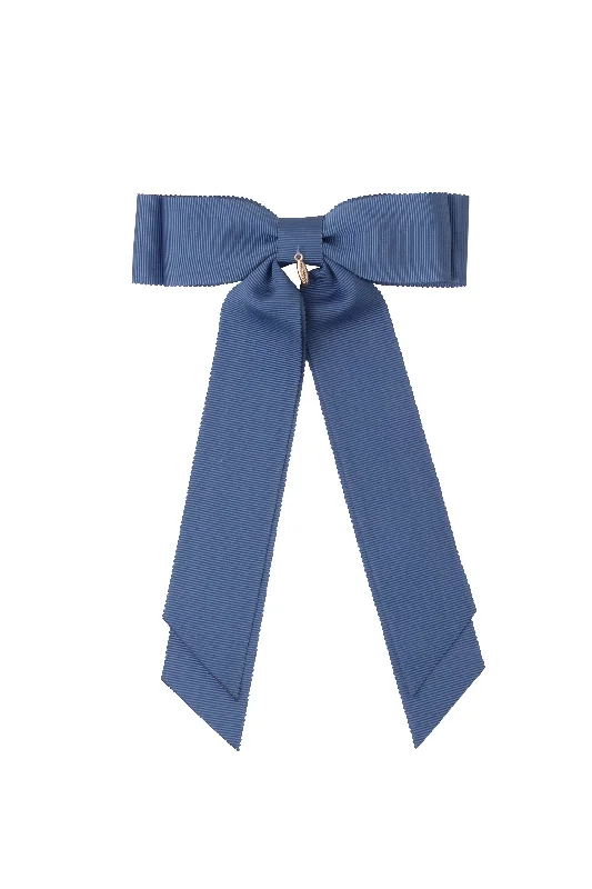 leather hairbands for casual chic -Madeline Petersham Long Tail Bow Clip - Smoke Blue