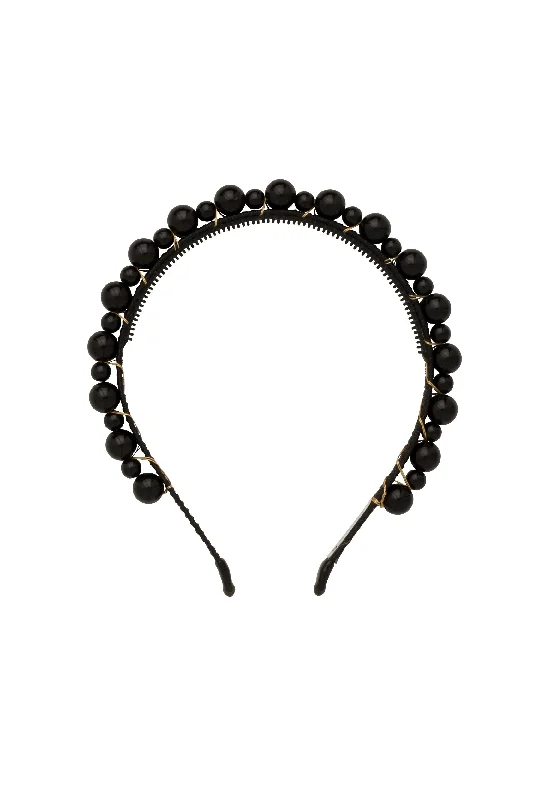 statement rhinestone headbands for bold looks -Uneven Pearls Headband - Black