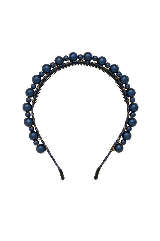 elegant satin hairbands for formal occasions -Uneven Pearls Headband - Navy