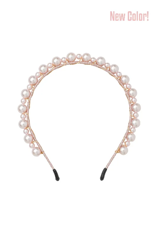 vintage-inspired hairbands for weddings -Uneven Pearls Headband - Pink Pearl