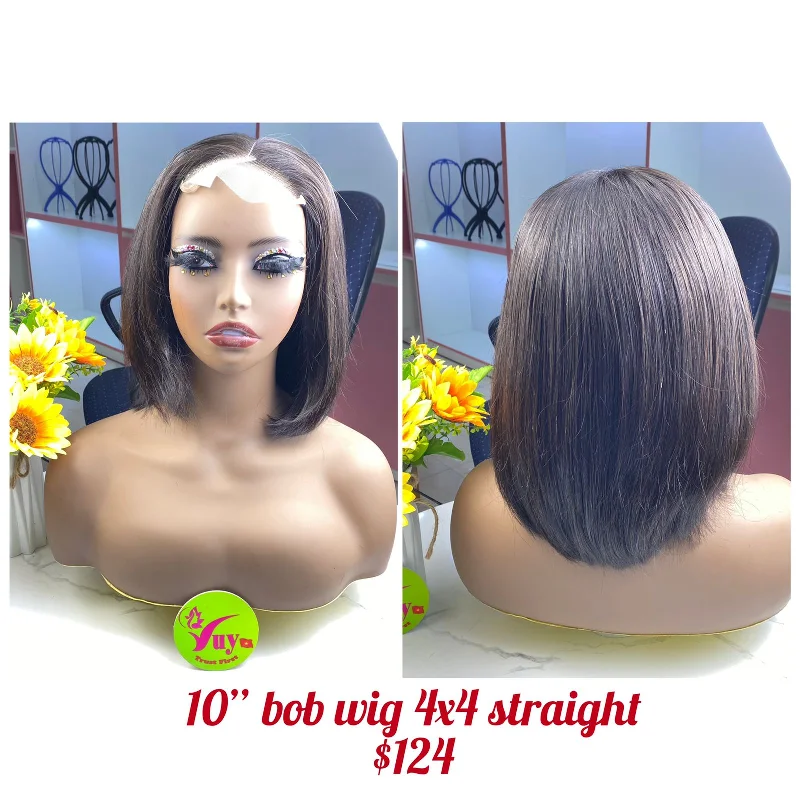 premium synthetic wigs for realistic look -10" Bob Wig Closure 4x4 Straight, Double Drawn, Raw hair (W62)