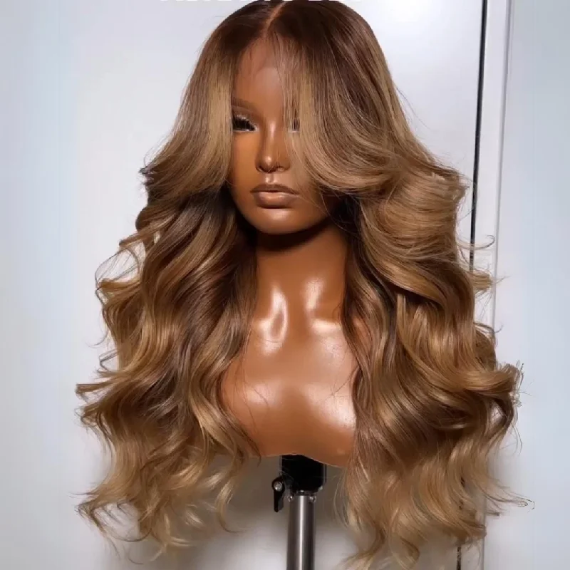 elegant wigs for upscale events and occasions -$100 Off Full $100| Highlights Brown with Blonde Glueless Loose Wave Natural Curtain Bangs Lace Front Wig Flash Sale