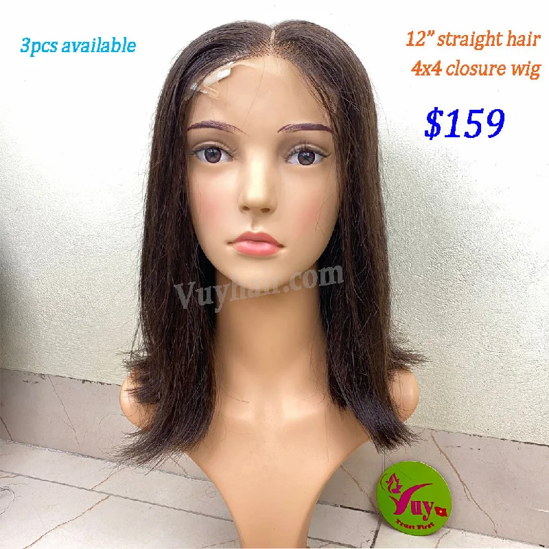 heat-safe wigs for flexible styling options -12" 4x4 closure wig raw hair, straight