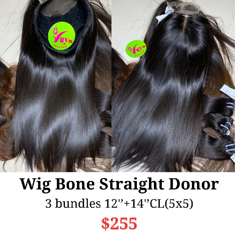 lace front wigs for seamless hairline blend -12" 5x5 closure wig Bone straight donor hair (from 3 bundles 12" and 14" 5x5 closure)