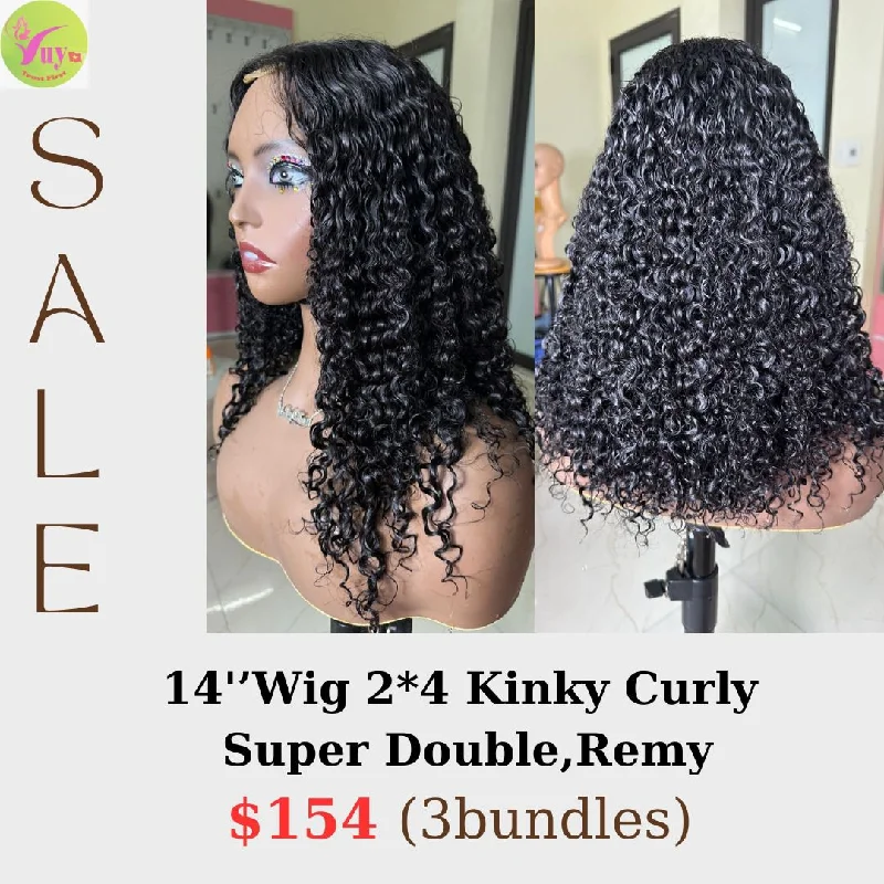 trendy short bob wigs for youthful style -14" 2x4 closure lace wig Kinky curly Super double remy hair (from 3 bundles)