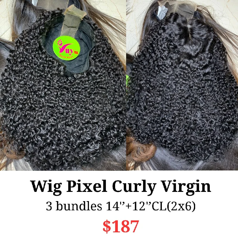 comfortable wigs for women with sensitive scalp -14" 2x6 closure wig Pixel curly virgin hair (from 3 bundles 14" and 12" 2x6 closure)