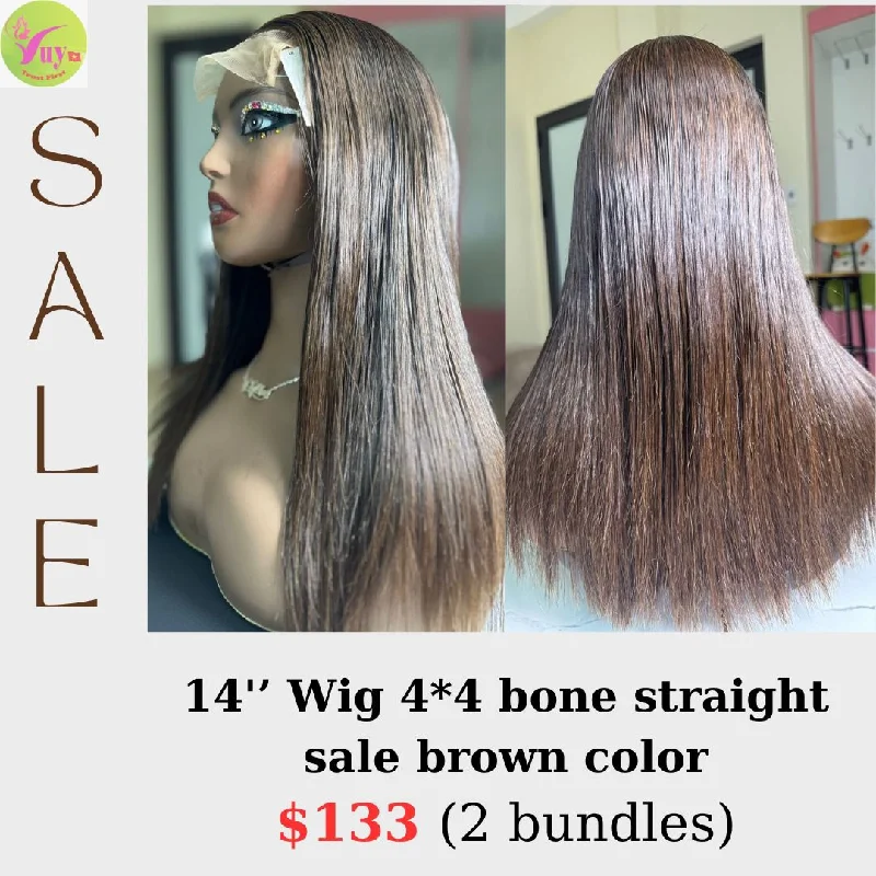 affordable wigs with free shipping -14" 4x4 closure wig bone straight brown color hair (from 2 bundles)