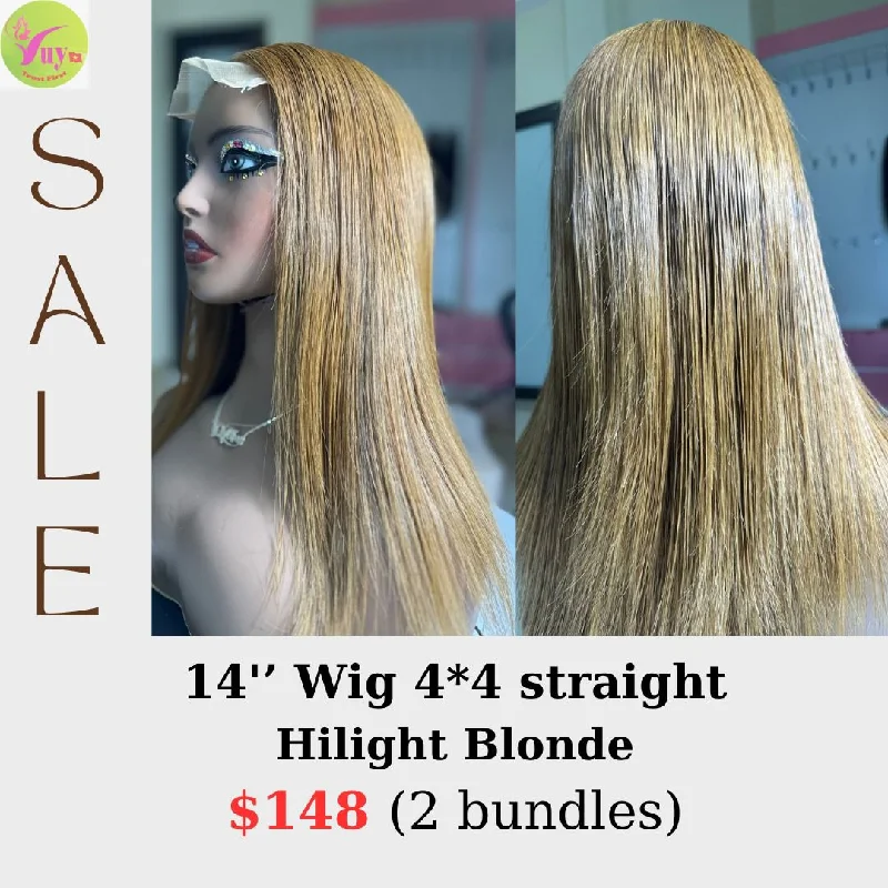 custom wigs for personalized fit and style -14" 4x4 closure wig straight highlight blonde color hair (from 2 bundles)