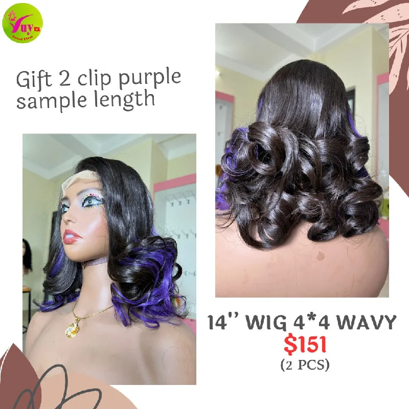 wigs for women with large foreheads -14" 4x4 closure wig wave (from 2 bundles) (Special gift: 2 clip ins purple hair)