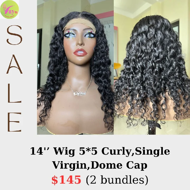 premium human hair wigs for seamless style -14" 5x5 closure lace wig Curly from virgin single drawn hair with dome cap