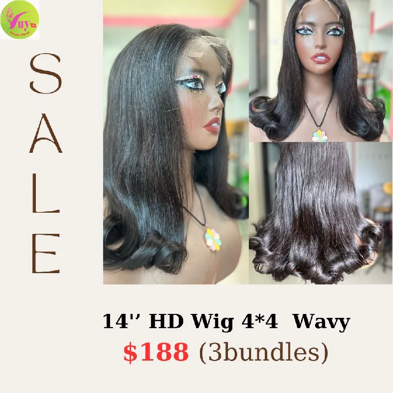 curly wigs with adjustable straps for perfect fit -14'' HD Wig 4x4 Wavy (3 bundles)