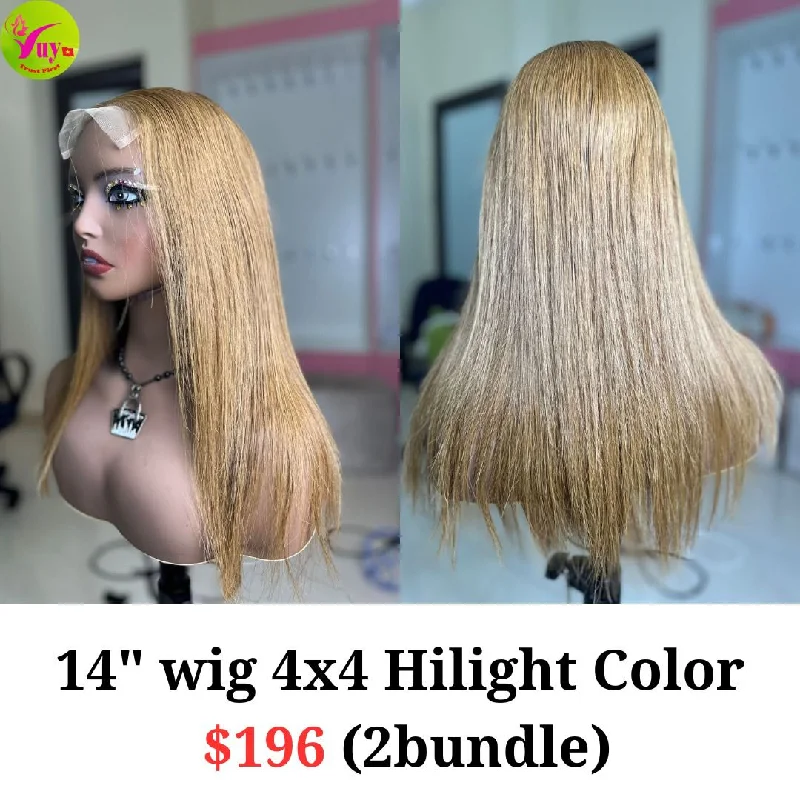 natural blonde wigs for everyday looks -14'' Wig 4x4 Highlight Color (2 bundle)