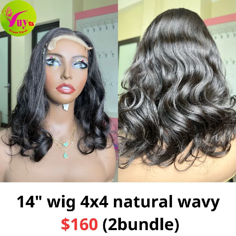 wigs for women with medium-sized heads -14'' Wig 4x4 natural wavy (2 bundle)