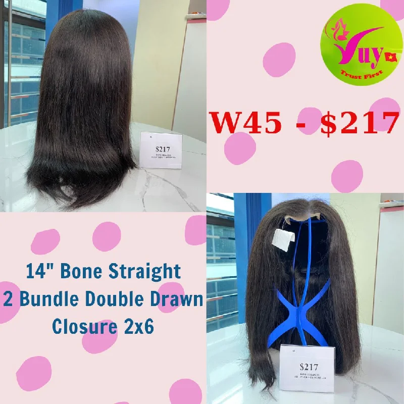 braided wigs for easy protective hairstyles -14" Wig Bone Straight, Closure 2x6, Double Drawn, Raw hair (W45)