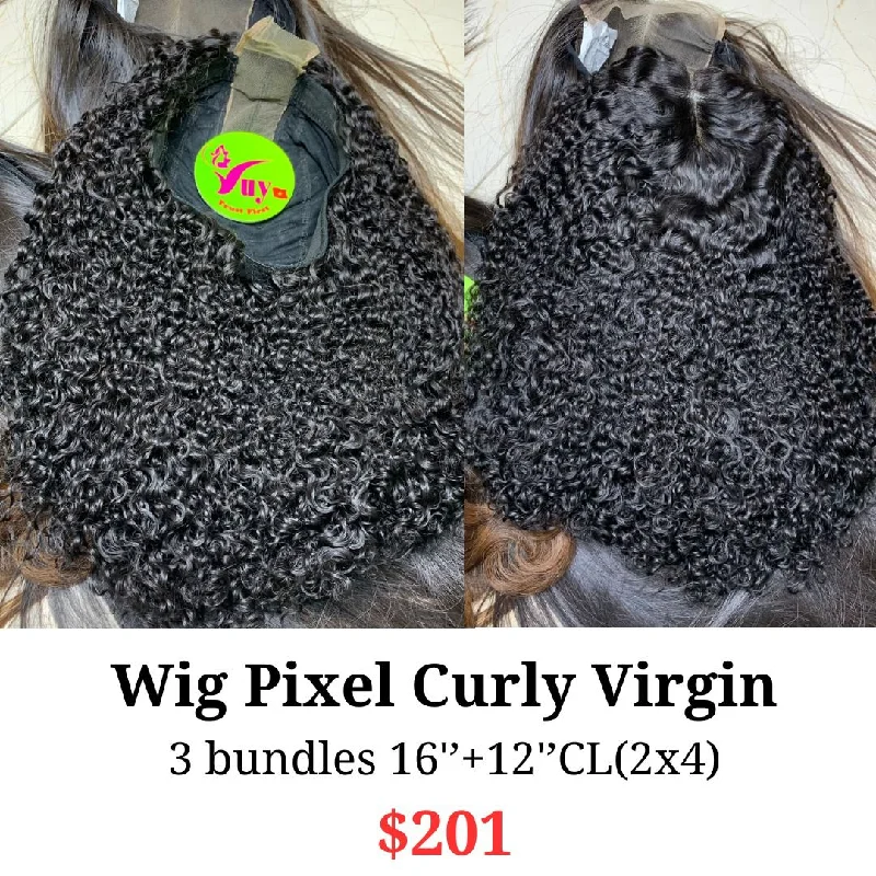 voluminous wigs for women with short hair -16" 2x4 closure wig Pixel curly virgin hair (from 3 bundles)