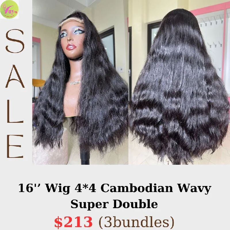 stylish pixie wigs for chic fashion -16" 4x4 closure lace wig Cambodian wavy Super double