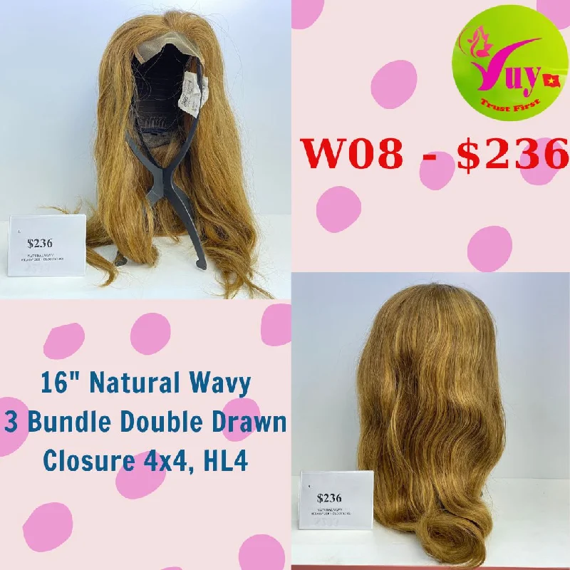 heat-resistant wigs for styling flexibility -16" Wig Natural Wavy, Closure 4x4, Double Drawn, HL4, Raw hair (W08)