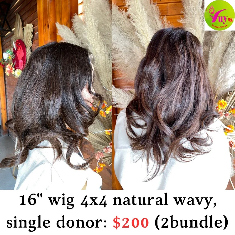 short textured wigs for a fresh appearance -16" Wig 4x4 Natural Wavy Single Donor