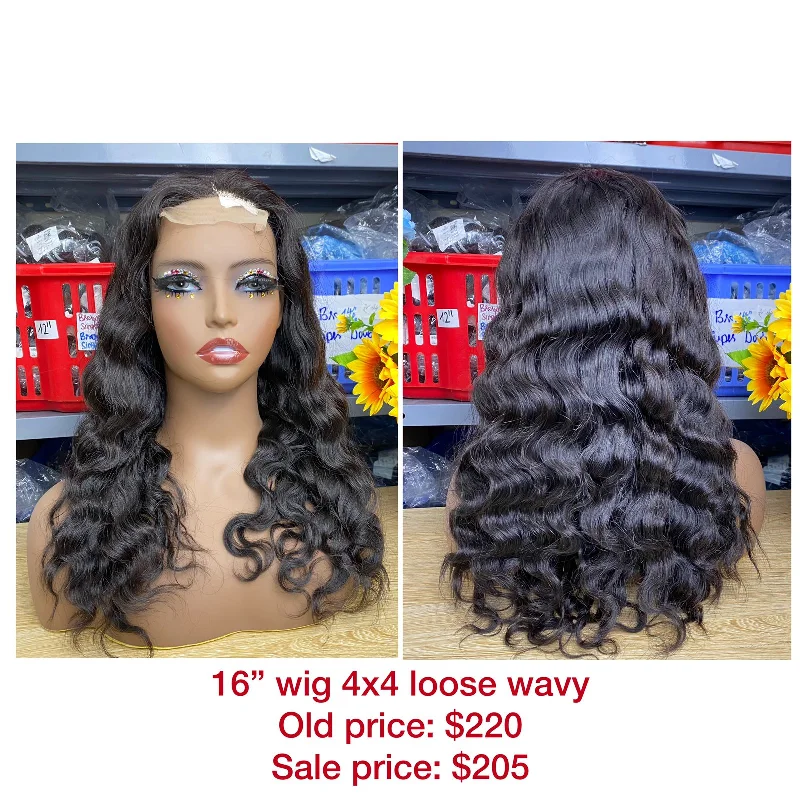 premium human hair wigs for luxury styling -16" Wig Loose Wavy, Closure 4x4, Double Drawn, Raw hair (W48)