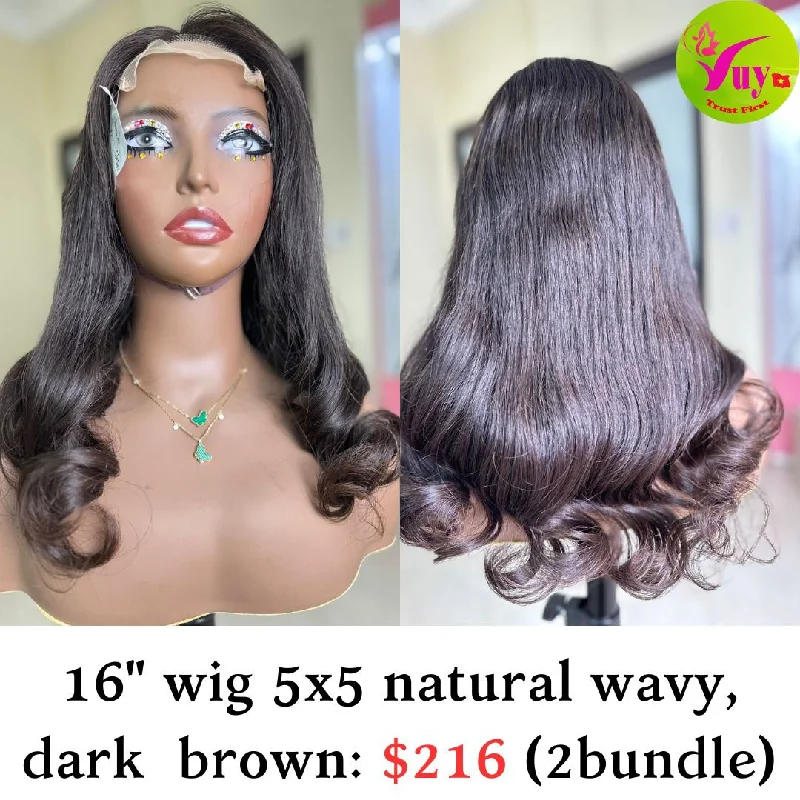 voluminous wigs for full and thick hair -16"Wig 5x5 Natural wavy dark brown