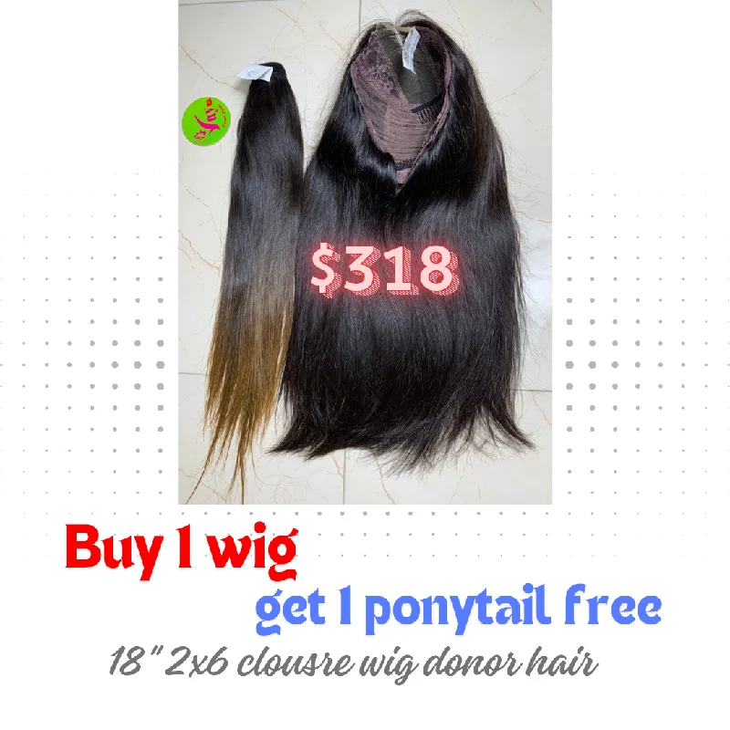 wigs for women with different hair types -18" 2x6 Straight donor wig (get free 18" ponytail donor hair)