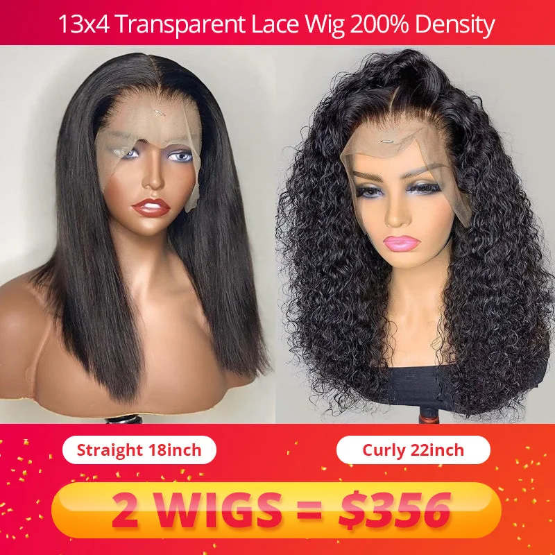 versatile wigs for casual and professional wear -2 wig deal 13x4 transparent lace front wig straight + curly 200% density