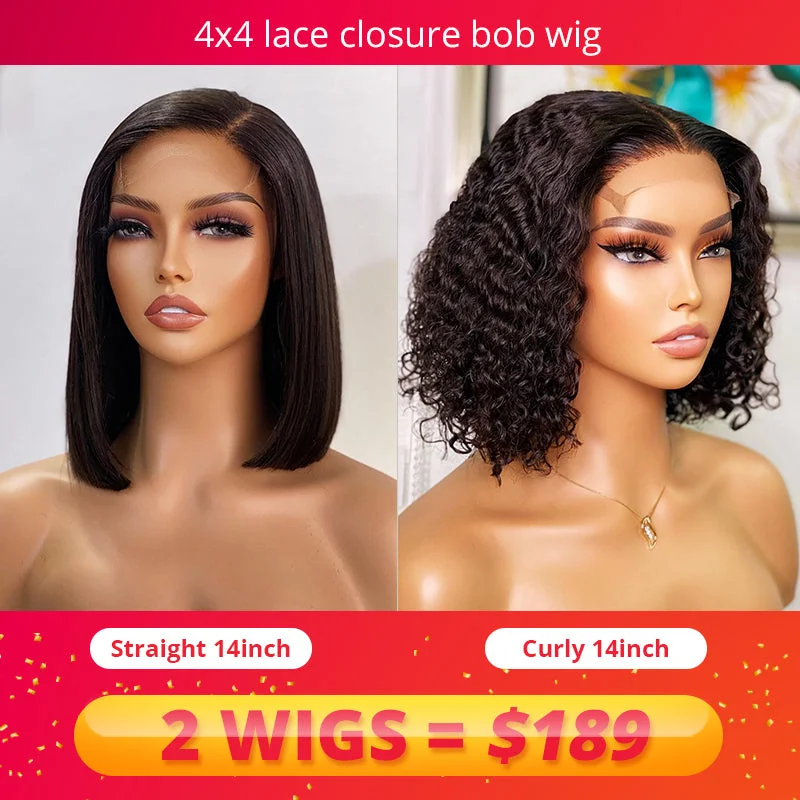 wigs for black women with natural curl -2 wig deal 4x4 transparent lace closure bob wig 180% density