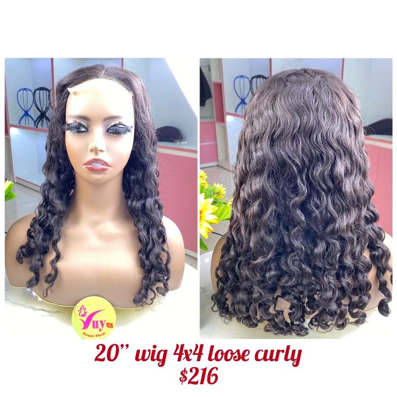 versatile wigs for casual and professional wear -20" Wig Closure 4x4 Loose Curly, Double Drawn, Raw hair (W59)