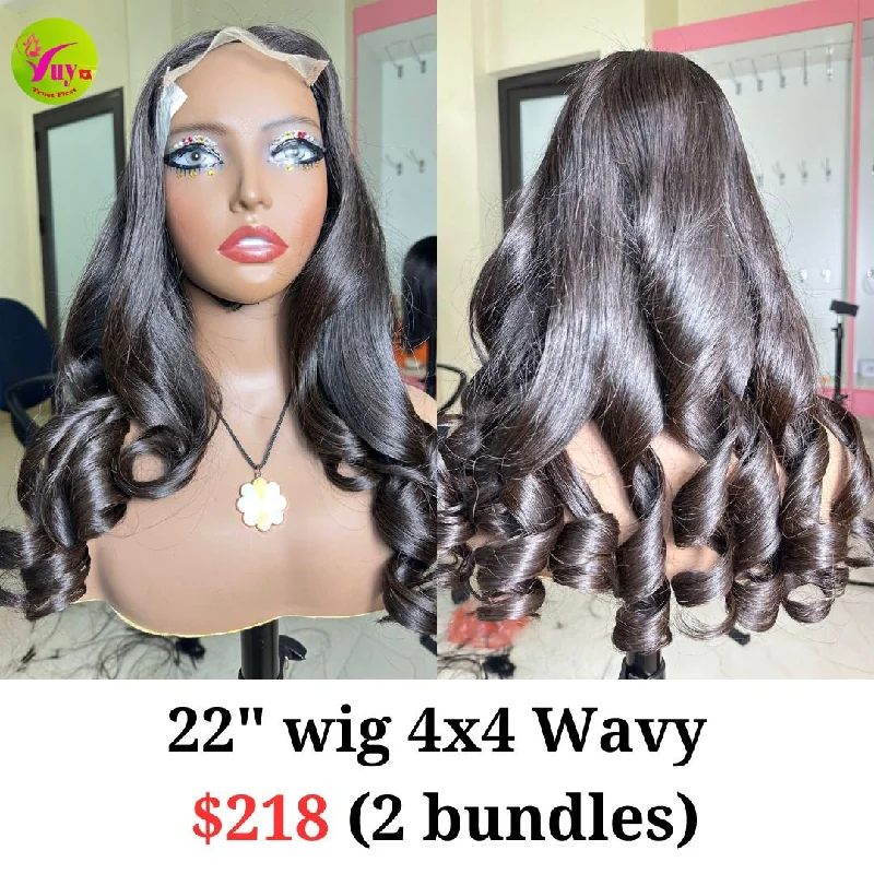 voluminous wavy wigs for beachy look -22'' Wig 4x4 Wavy (2 bundles)