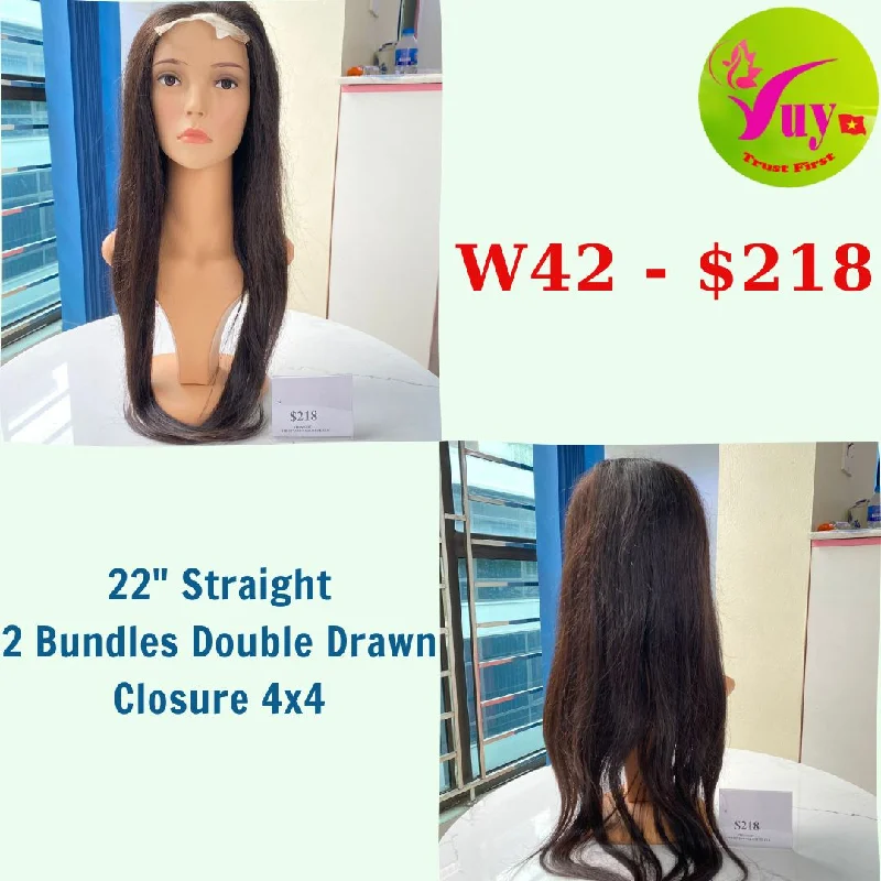 heat-friendly synthetic wigs for styling tools -22" Wig Straight, Closure 4x4, Double Drawn, Raw hair (W42)