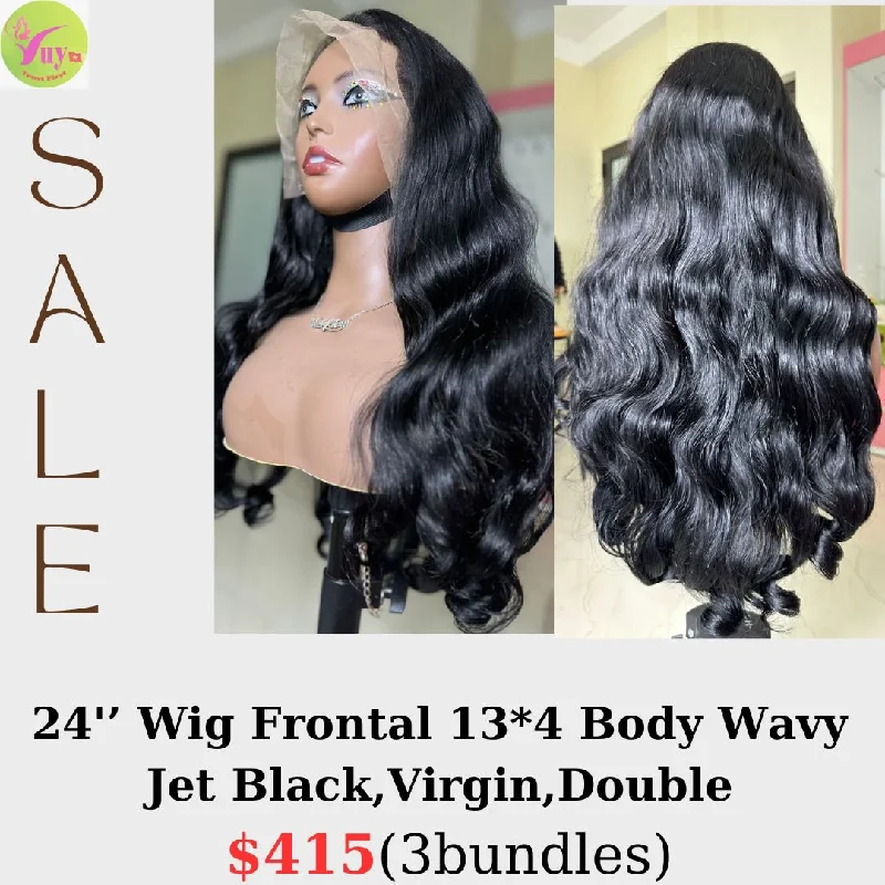 lace front wigs for a natural hairline -24" 13x4 frontal lace wig Body wavy jet black color virgin hair (from 3 bundles)