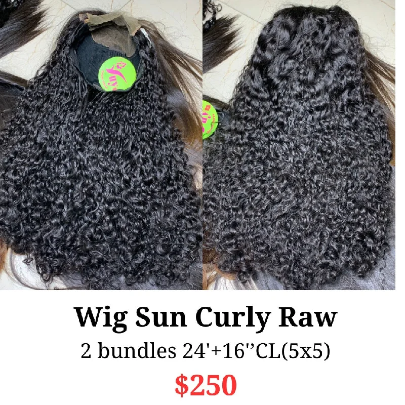 easy-to-maintain wigs for busy women -24" 5x5 closure wig Sun curly raw hair (from 2 bundles 24" and 16" 5x5 closure)