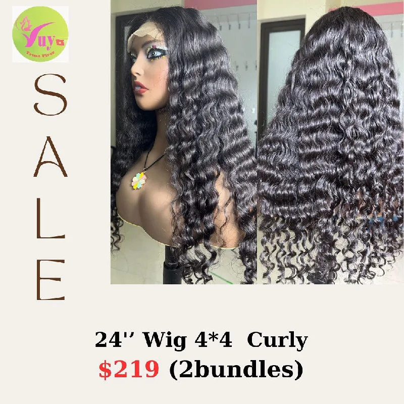 easy-care synthetic wigs for low maintenance -24'' Wig 4x4 Curly (2 bundles)