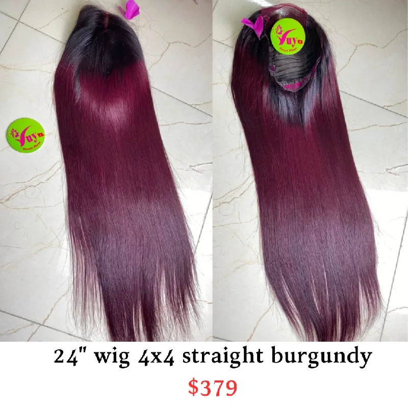 curly wigs for women with thick hair -24" Wig 4x4 Straight Burgundy