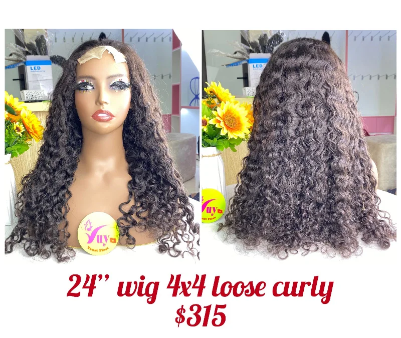 thick wigs for fuller hair appearance -24" Wig Closure 4x4 Loose Curly, Double Drawn, Raw hair (W55)