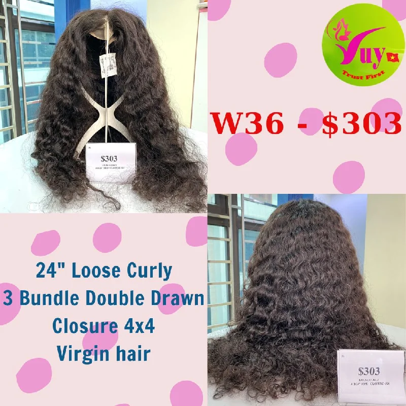 medium-length curly wigs for chic fashion -24" Wig Loose Curly, Closure 4x4, Double Drawn, Virgin hair (W36)