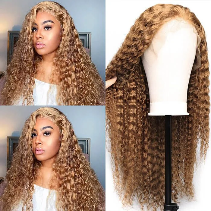 natural blonde wigs for light and airy style -#27 Color HD Lace 13×4 Front Deep Wave Hair Wig 250% Density（3 Bundles+1 Front）