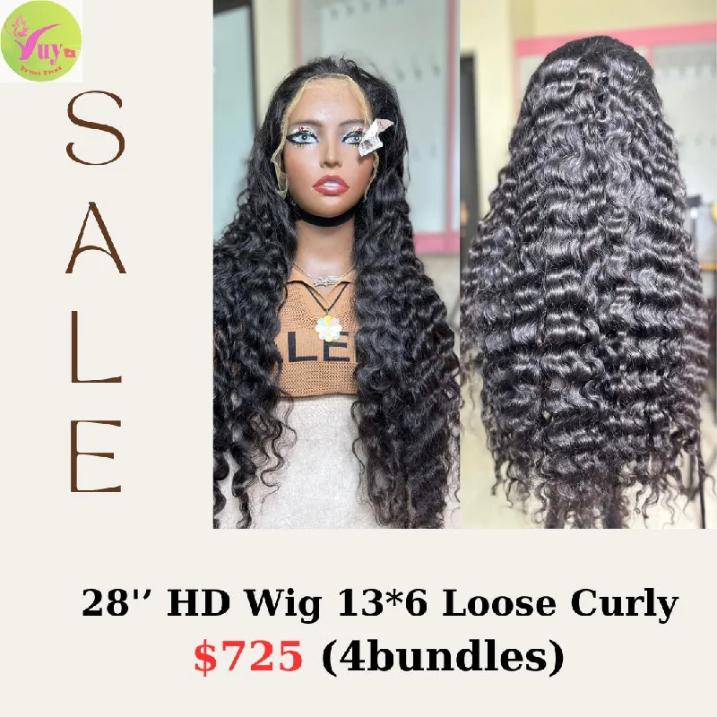 short straight wigs for sleek finish -28" 13x6 HD lace wig Loose curly (from 4 bundles)