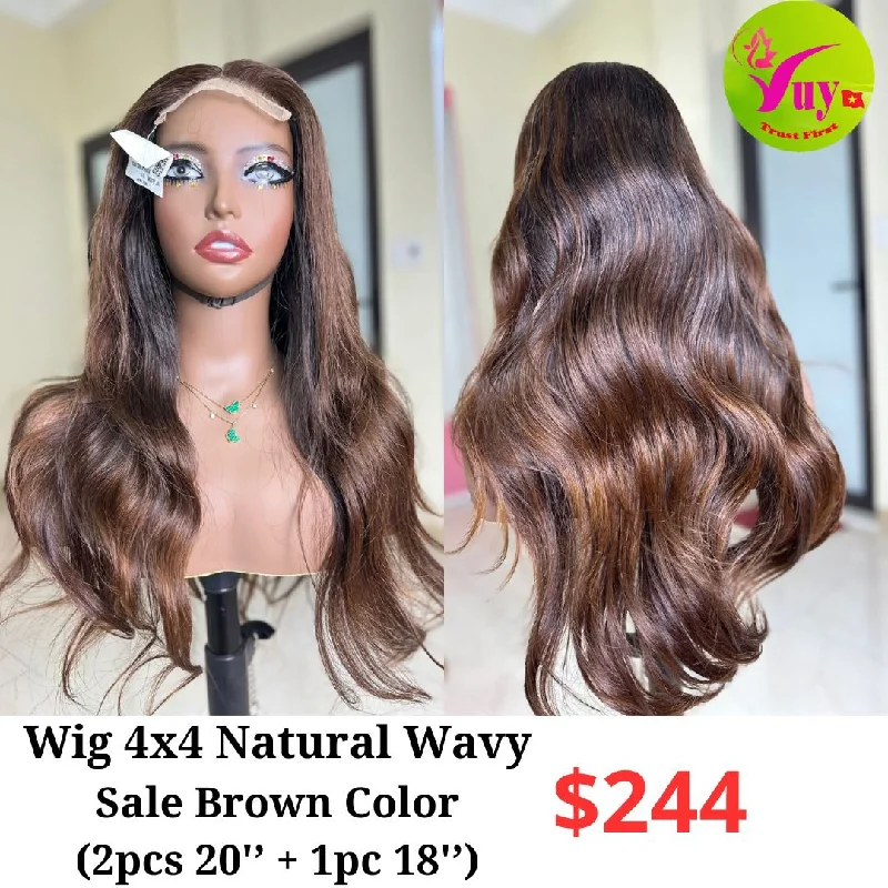 sleek black wigs for professional look -2pcs 20'' + 1pc 18'' Wig 4x4 natural wavy sale brown color