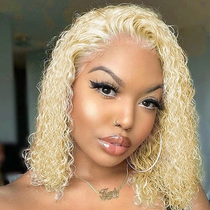 trendy colored wigs for unique styles -613 Blonde Curly Bob Wig 13x4 Lace 180% Density Deep Wave Short Hair