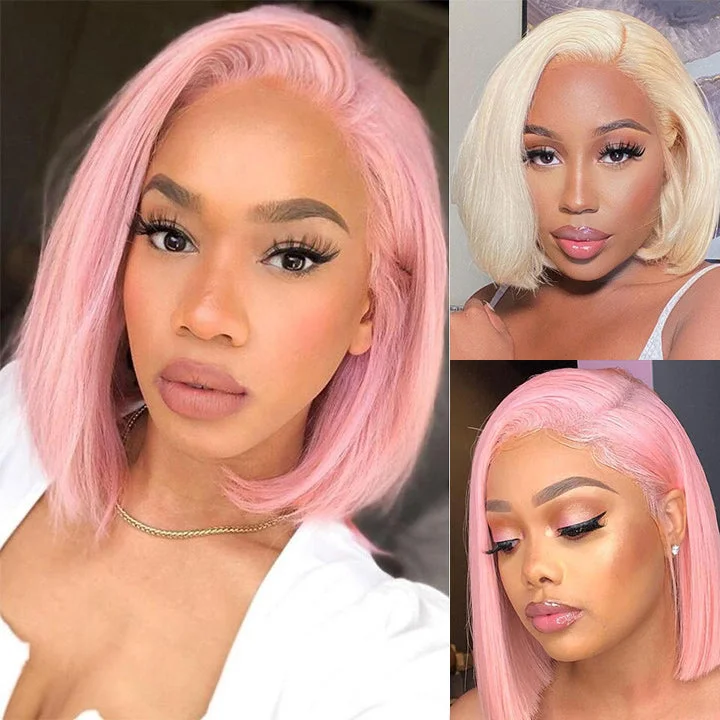 premium lace front wigs for long hair -613 Blonde/Pink 13x4 Short Bob Lace Front Wig Straight Hair