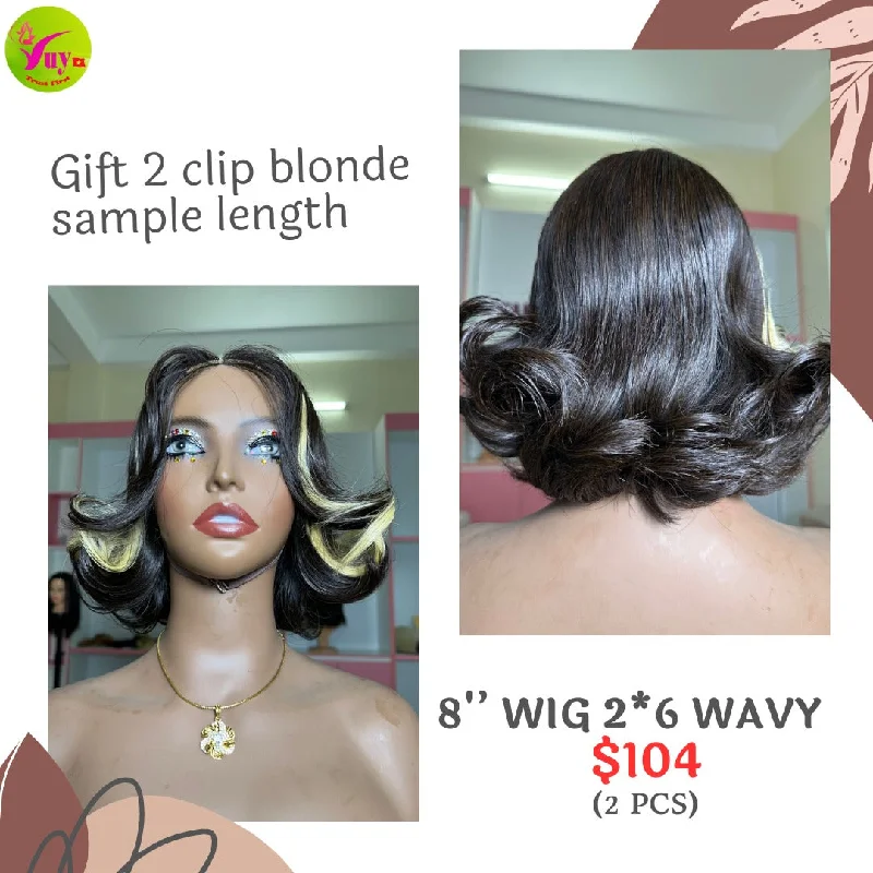 full lace wigs for full head coverage -8" 2x6 closure wig wave (from 2 bundles) (Special gift: 2 clip ins blonde hair)