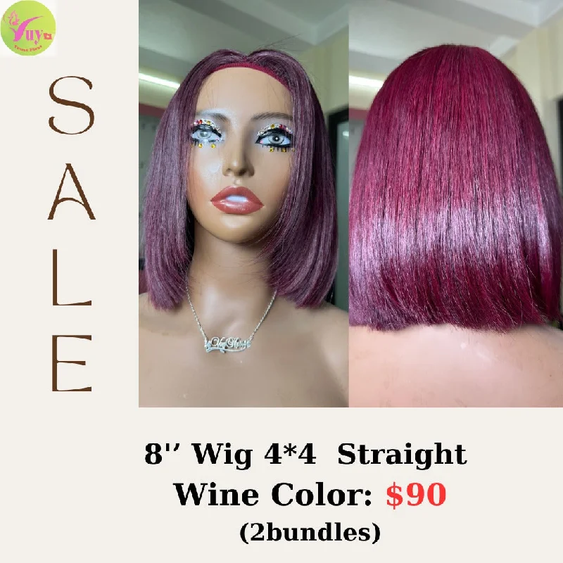 easy-to-wear wigs for beginners -8" 4x4 lace closure wig Straight wine color (from 2 bundles)