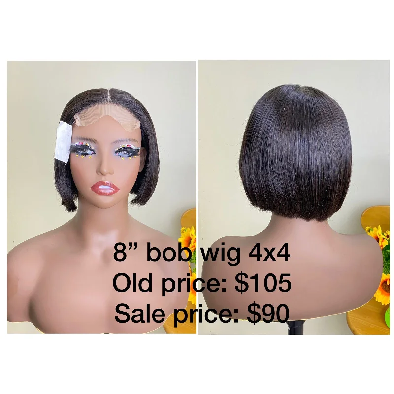 full coverage wigs for complete scalp protection -8" Bob Wig, Closure 4x4, Double Drawn, Raw hair (W50)