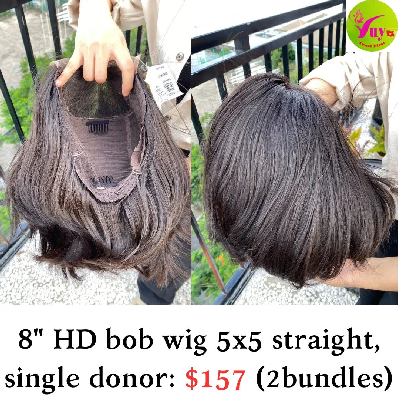 full head wigs for complete coverage -8" HD Bob Wig 5x5 Straight Single Donor