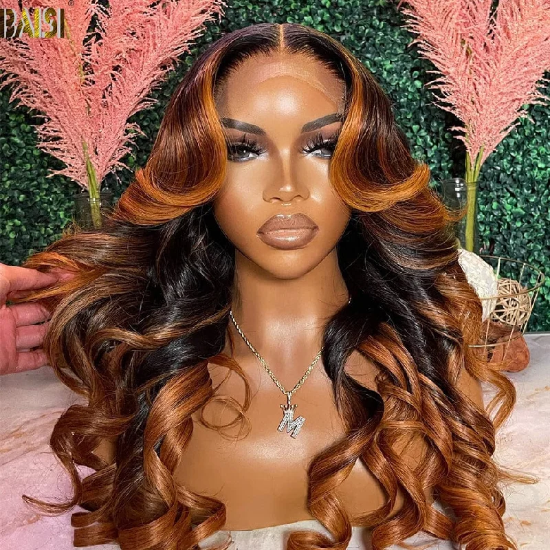 medium-length curly wigs for chic fashion -BAISI 24 Inch Wavy Color Wig