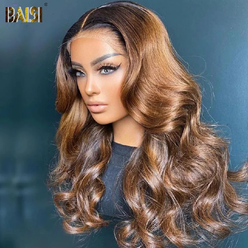 curly wigs with adjustable straps for perfect fit -BAISI 1b/#4 Body Wave Wig Bleached Knots